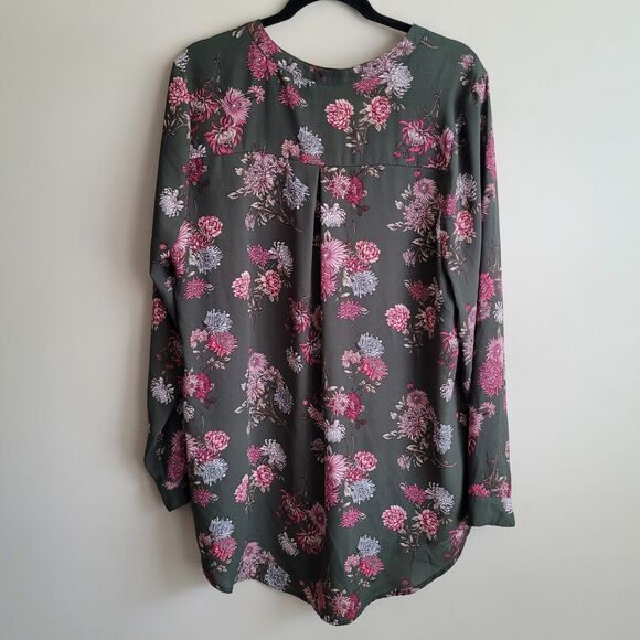 Forever 21 Womens Tunic Blouse Plus Size 1x Olive Green Pink Florals Roll Tab - Picture 7 of 10